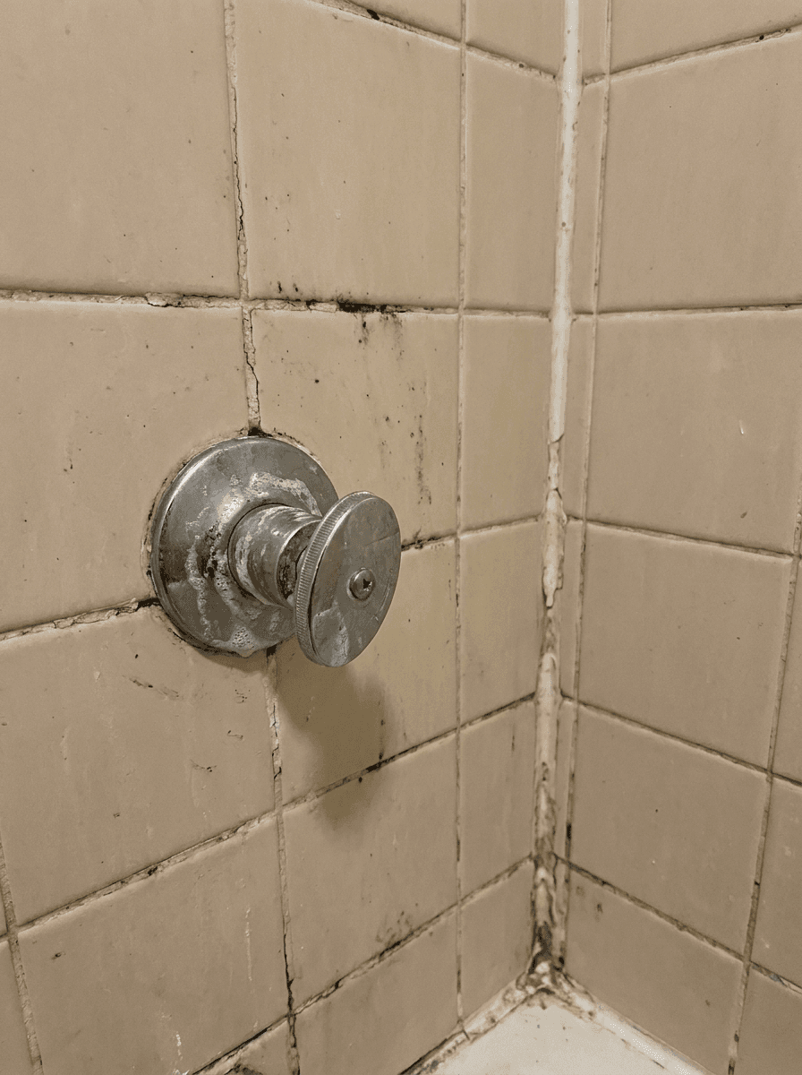 Travertine Shower with Tile Niche — before remodel