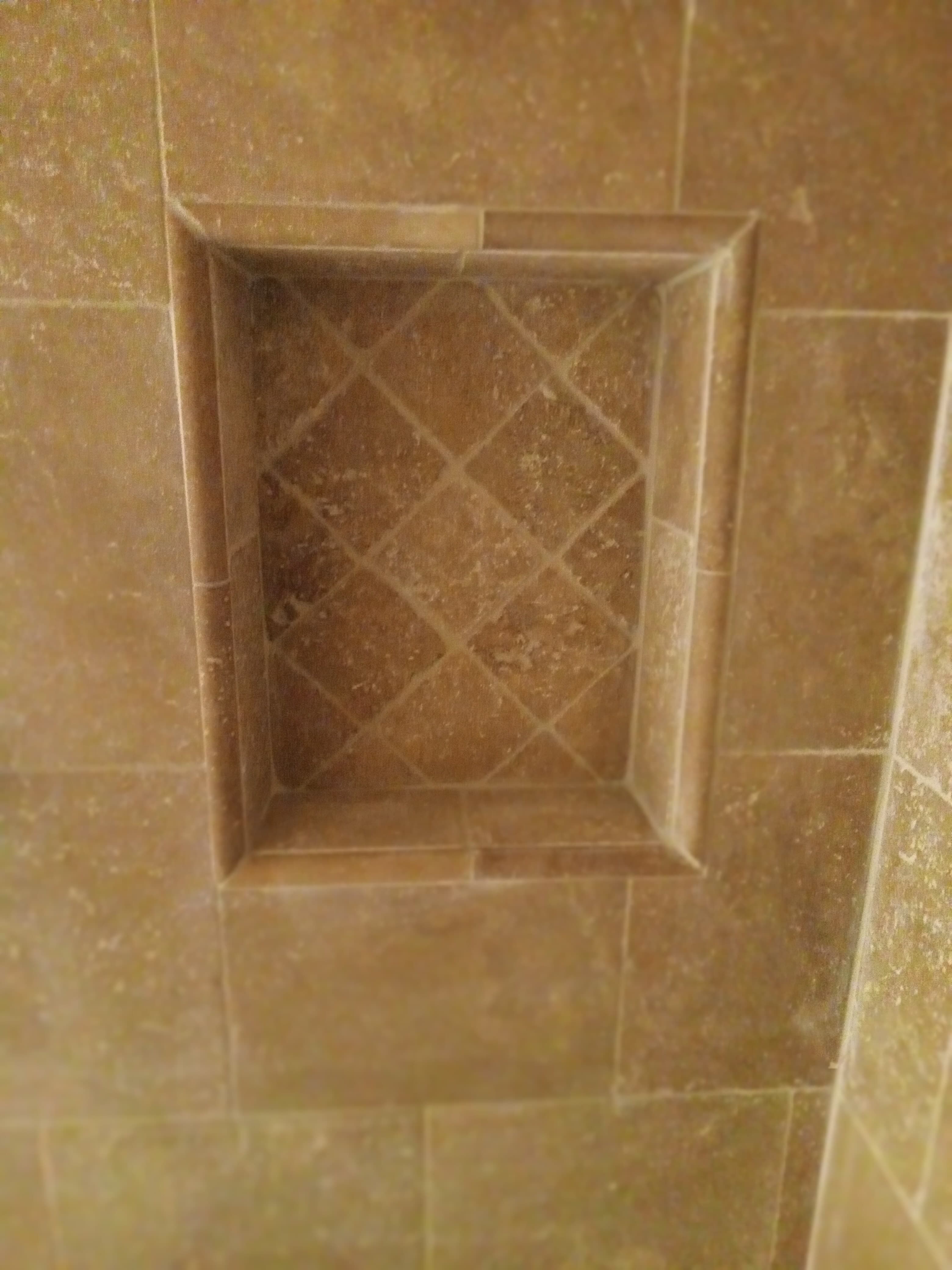 Travertine Shower with Tile Niche in Carlsbad