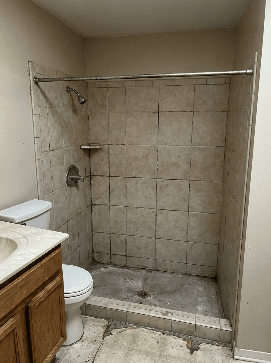 Dual Showerhead Travertine Shower — before remodel