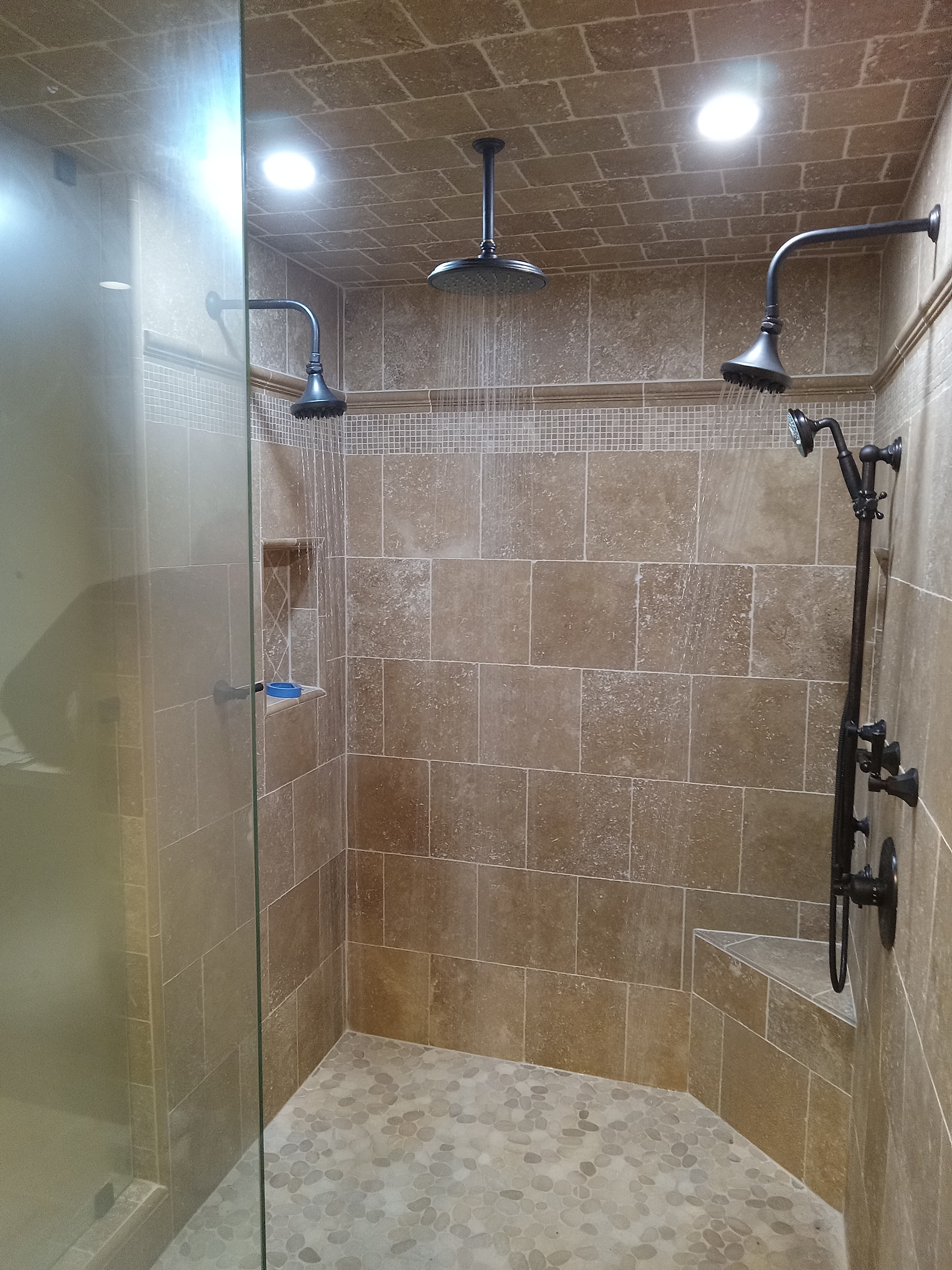 Dual Showerhead Travertine Shower in Carlsbad